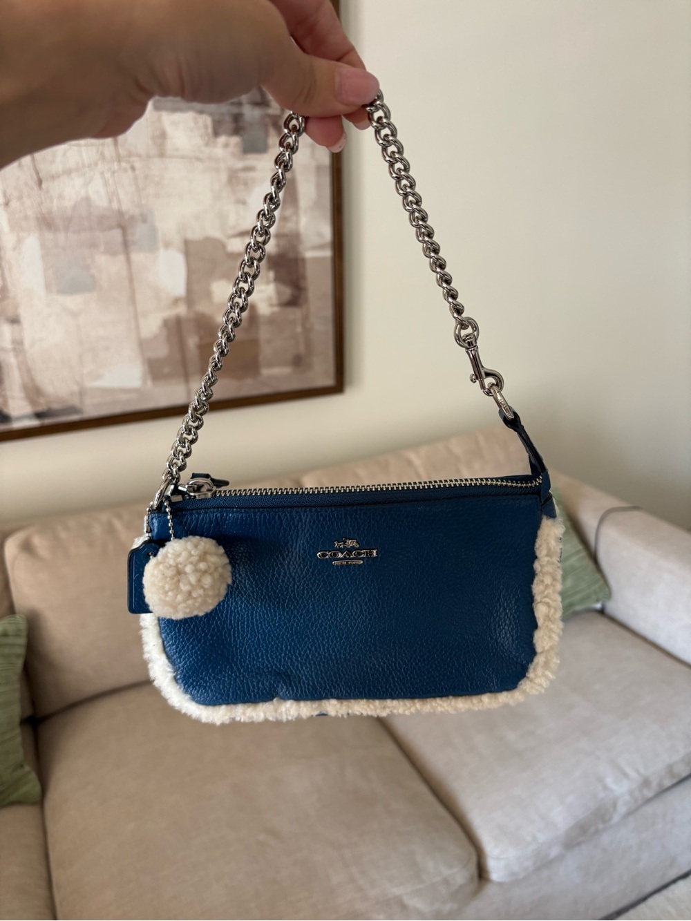 Coach Blue Leather Shoulder Bag with Shearling Trim